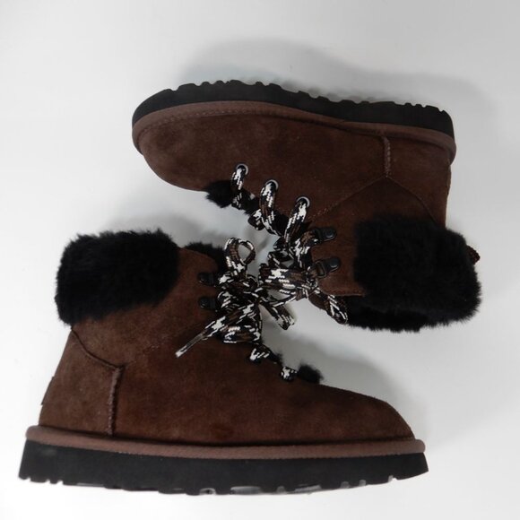 UGG Classic Mini Alpine Lace Up Booties Boots Size 5 Brown Suede Shearling NEW - Picture 7 of 10